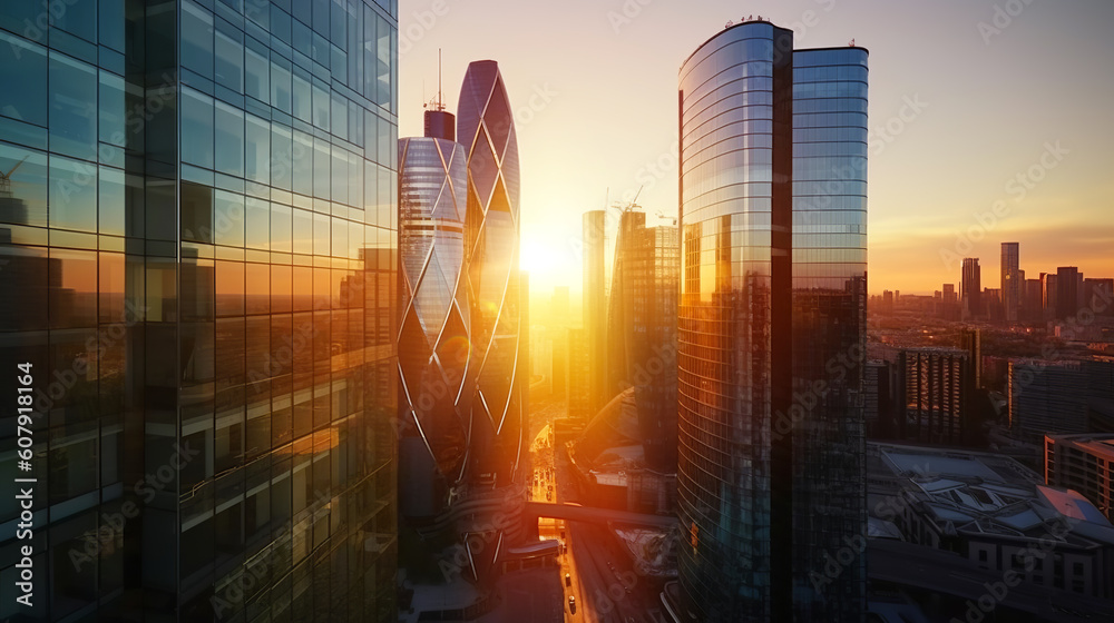 Obraz premium sunrise over the street of glass skyscrapers of the business city; futuristic architecture of a financial building;