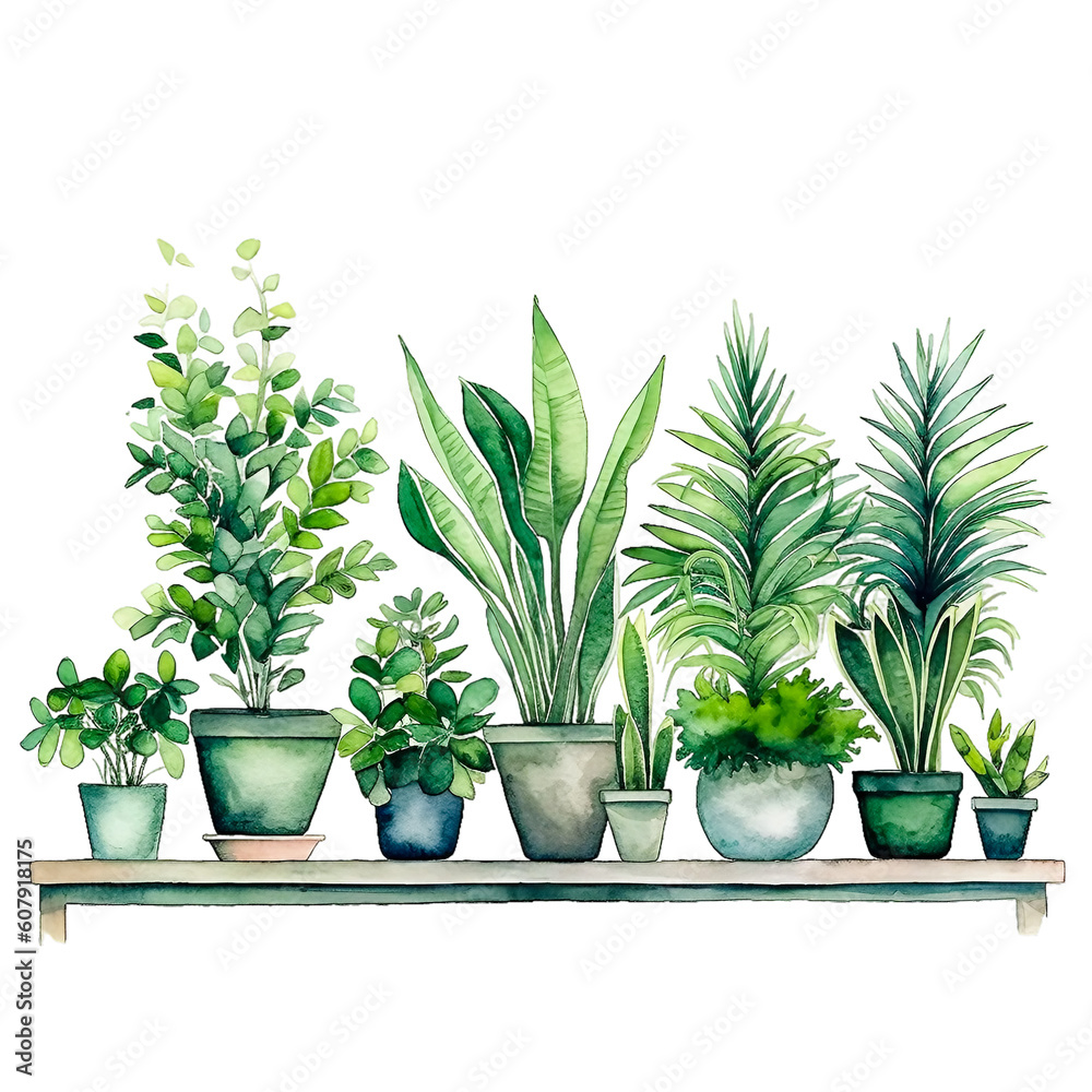 Obraz premium Green potted flowers arranged in a row next to each other, watercolor style illustration perfect for invitations or posters. Generative ai