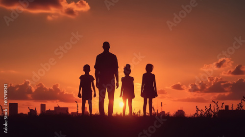 Embracing the Sunset: Joyful Family Silhouette. Generative AI