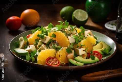 A jicama salad topped with fresh oranges, avocado, and a tangy dressing, beautifully plated and garnished with cilantro
