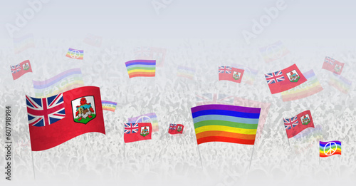 People waving Peace flags and flags of Bermuda. Illustration of throng celebrating or protesting with flag of Bermuda and the peace flag.