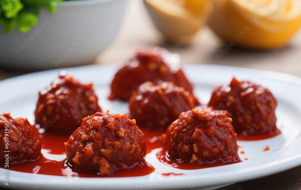 Grilled meatballs with spicy sauce on a plate, 3d rendering
