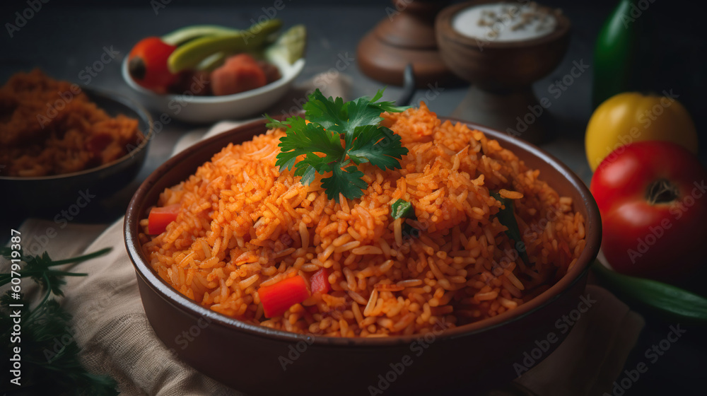 Jollof rice is a popular dish eaten in West African countries such as Nigeria, Ghana, Cameroon, Liberia, Mali, Togo, Gambia, and Côte d’Ivoire, Generative AI - obrazy, fototapety, plakaty 