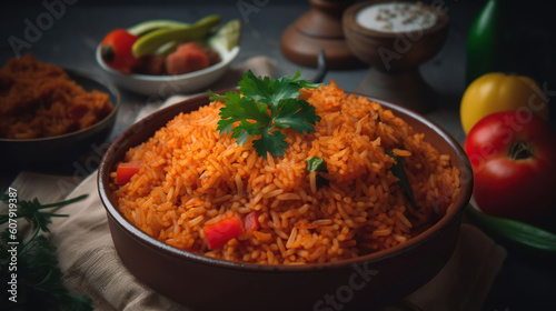 Jollof rice is a popular dish eaten in West African countries such as Nigeria, Ghana, Cameroon, Liberia, Mali, Togo, Gambia, and Côte d’Ivoire, Generative AI photo