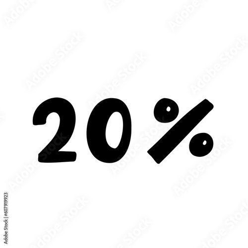 Hand made 20 percent off black ink discount logo special offer lettering. Vector design illustration in cartoon doodle style isolated on white background. For discount, poster, promo, card, menu.