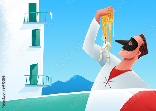 Pulcinella with spaghetti and marionette in the Gulf of Naples