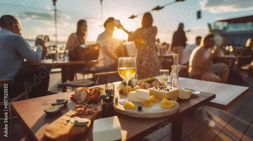 People eating cheese and drinking wine at rooftop restaurant at sunset time. Generative AI © Godam