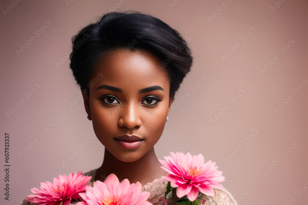 Digital photo of the ebony woman holds daughter and bouquet of big pink flowers. Generative AI