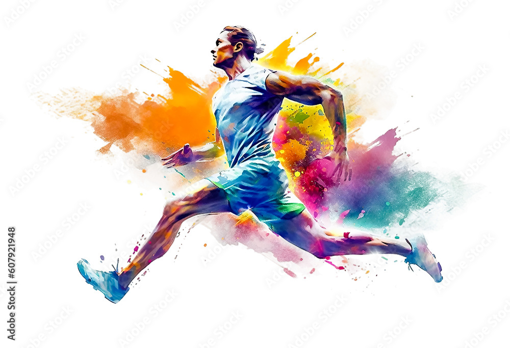 Athletic man runs doing sports on a white background with an explosion of colored paint. Healthy lifestyle concept. Generative ai