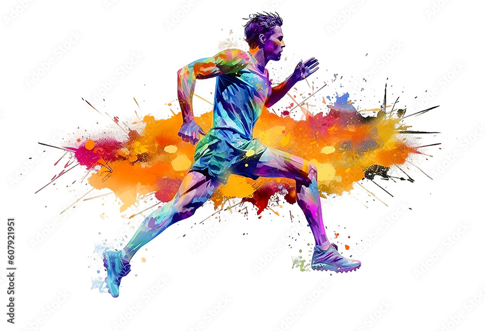 Fototapeta premium Athletic man runs doing sports on a white background with an explosion of colored paint. Healthy lifestyle concept. Generative ai