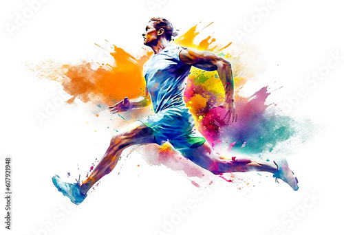 Fototapeta Naklejka Na Ścianę i Meble -  Athletic man runs doing sports on a white background with an explosion of colored paint. Healthy lifestyle concept. Generative ai