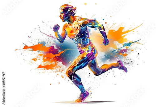Wallpaper Mural Athletic man runs doing sports on a white background with an explosion of colored paint