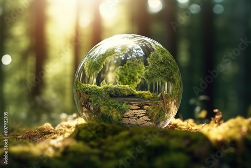 Crystal ball with ferns in green grass forest with sunlight. Environment, save the World, earth day, ecology,