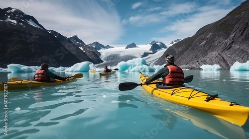 Glacial Adventures, Ocean Kayaking with Friends in Alaska's Majestic Bear Glacier. Generative AI © Godam