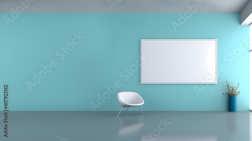 Fototapeta Naklejka Na Ścianę i Meble -  Creative interior concept. Abstract turquoise aqua large empty wall room with white blank frame furniture deco. Banner template for product presentation. Mock up 3D rendering living, office, gallery