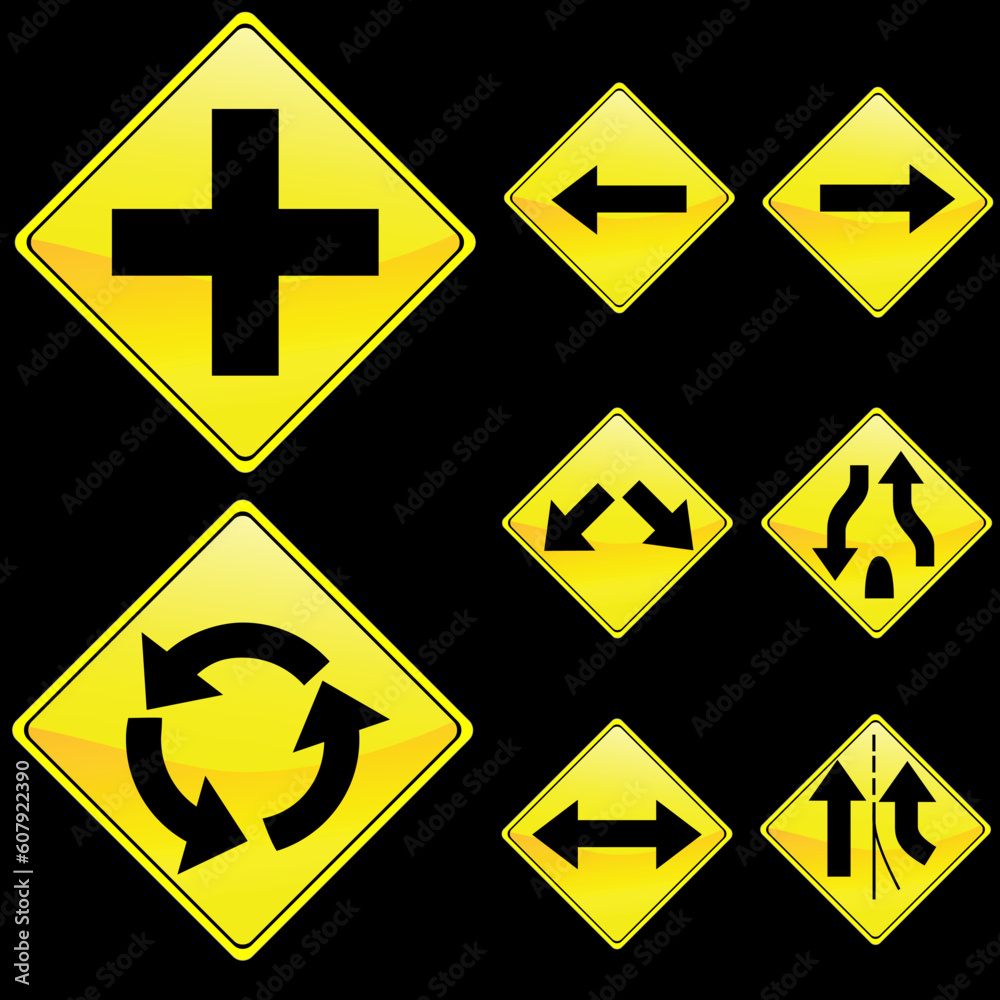 Vector Illustration of Eight Diamond Shape Yellow Road Signs Set 2 Vector Illustration of Eight Diamond Shape Yellow Road Signs Set 2
