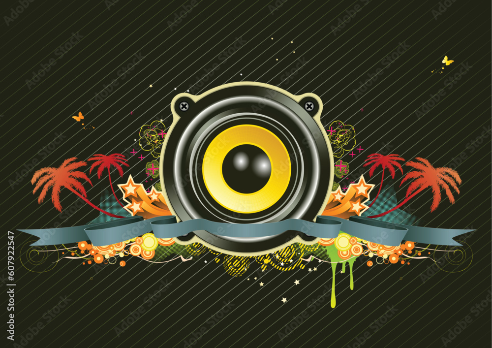 Vector illustration of urban music scene - Speaker with star wreath, ribbon and floral elements Vector illustration of urban music scene - Speaker with star wreath, ribbon and floral elements