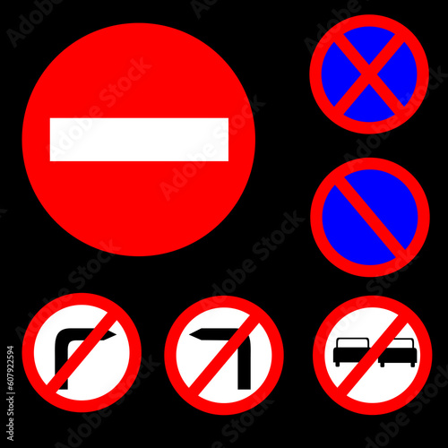 Vector illustration of six Round Prohibitory Red, white and blue Road Signs Set 1