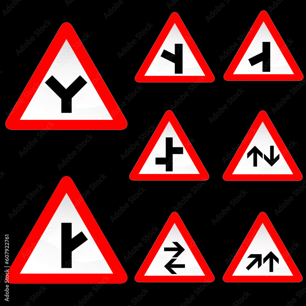 Vector Illustration of Eight Triangle Shape Red White Road Signs Set 2 Vector Illustration of Eight Triangle Shape Red White Road Signs Set 2