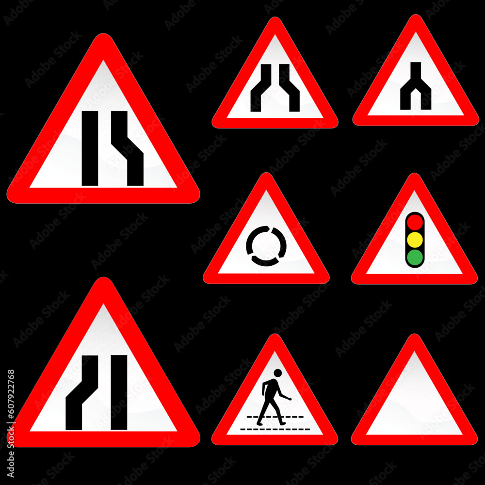 Vector Illustration of Eight Triangle Shape Red White Road Signs Set 3 Vector Illustration of Eight Triangle Shape Red White Road Signs Set 3