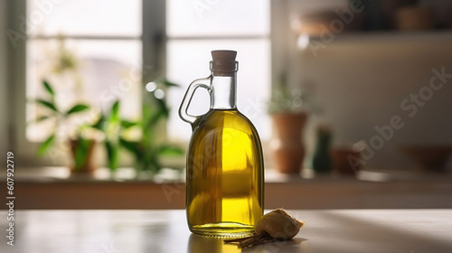 Olive Oil Bottle Graced by Sunlight in a Serene Setting against a Window Background. Generative AI