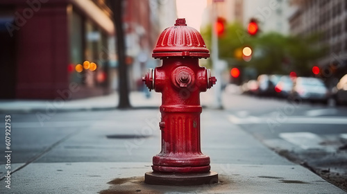 Old red fire hydrant in City street. Fire hydrant for emergency fire access. Generative AI photo