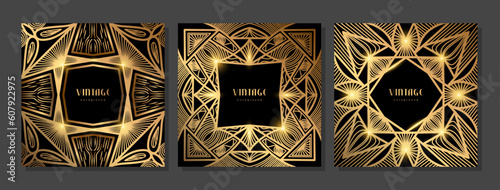 Set of luxury geometric linear template. Golden vintage frame. Art deco style gold background for banner, poster, cover. Retro line art with glitter, shine. Abstract minimalist gatsby style pattern