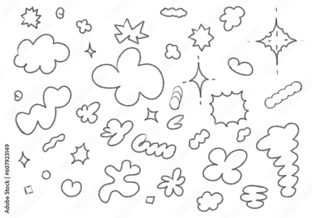 Pencil hand drawn cartoon clouds set. Bubbles, stars. Retro 90s, 00s. 
