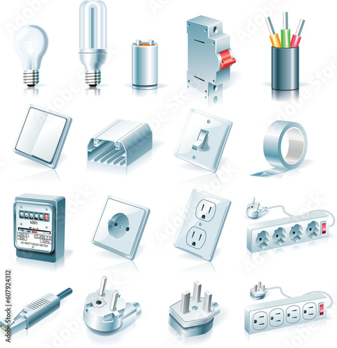 Set of detailed electrical supplies icons