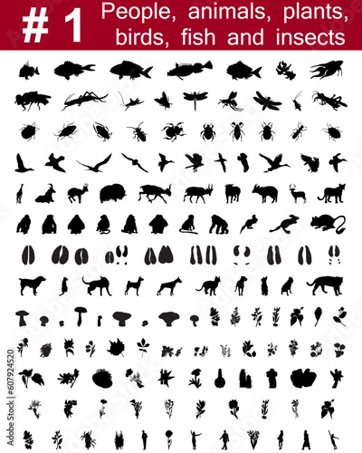 Set # 1.Big collection of collage vector silhouettes of people, animals, birds, fish, flowers and insects