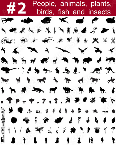 Set # 2.Big collection of collage vector silhouettes of people, animals, birds, fish, flowers and insects