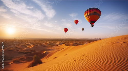Hot air balloons flying over beautiful sand dunes sunset in Red Sand Dunes