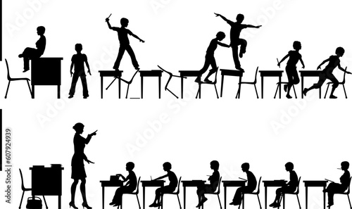 Editable vector silhouettes of two classroom scenes with all elements as separate objects