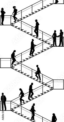 Fotomurale Editable vector silhouettes of people walking up and down flights of stairs with
