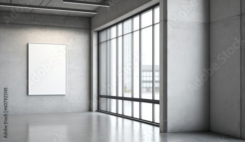 Blank wall in bright concrete office with large windows Mockup. Generative AI. © 121icons
