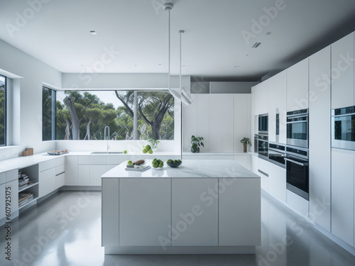 A modern and spacious kitchen, beautifully captured in a photography style reminiscent of architectural photographer Julius Shulman.