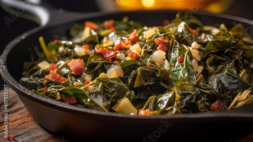 collard greens cooked in a skillet with garlic and red pepper flakes