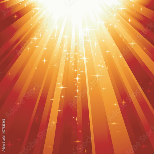 Festive square abstract background with stars descending on rays of red golden light. 7 global colors, background controlled by 1 linear gradient.