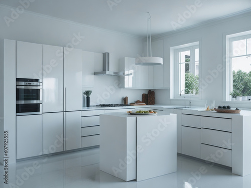 A modern and spacious kitchen, beautifully captured in a photography style reminiscent of architectural photographer Julius Shulman.