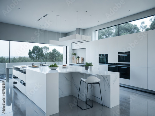 A modern and spacious kitchen, beautifully captured in a photography style reminiscent of architectural photographer Julius Shulman.