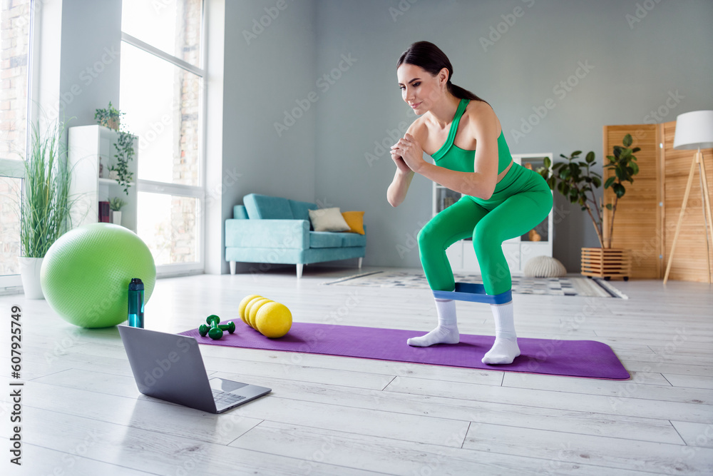 Full size photo of gorgeous great shape lady use rubber expander doing squats watch video netbook living room indoors - obrazy, fototapety, plakaty 