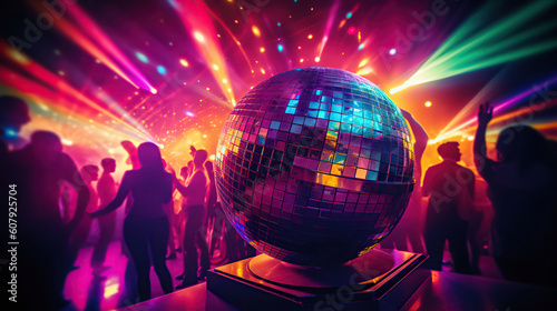 People partying in disco with lights and disco ball. Generative AI