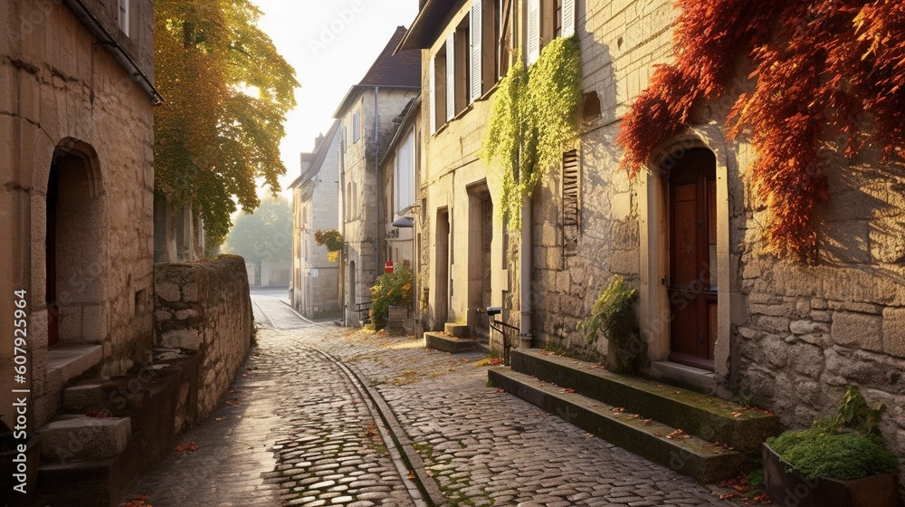 Picturesque alley with old buildings in the old town of the monumental city. Generative ai.
