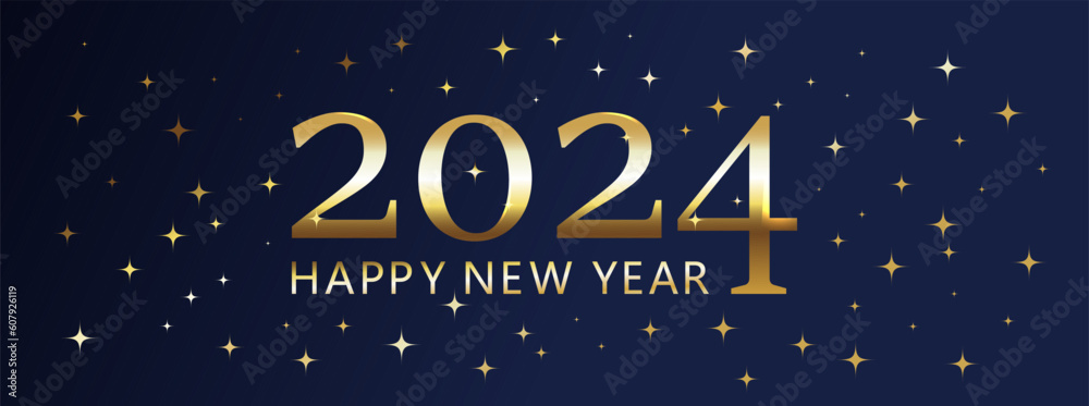 2024 Happy New Year luxury background. Sparkling golden typography and stars isolated on dark blue background. Card, banner, poster template. Vector illustration