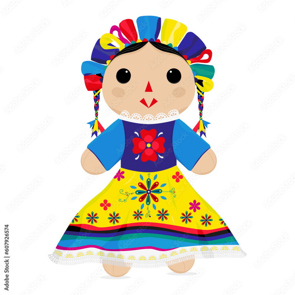Traditional Mexican Doll Vector: Discover the beauty and tradition of Mexico with this captivating vector of a traditional doll. With her colorful dress and meticulous details.