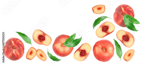 Ripe chinese flat peach fruit and half with leaf isolated on white background with copy space for your text. Top view. Flat lay