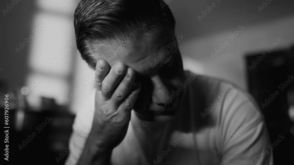 Older man struggling with trauma and loneliness. Middle-aged male person covering face looking down in shame and despair. Hopeless feeling depicted in monochrome black and white Older man struggling with trauma and loneliness. Middle-aged male person covering face looking down in shame and despair. Hopeless feeling depicted in monochrome black and white