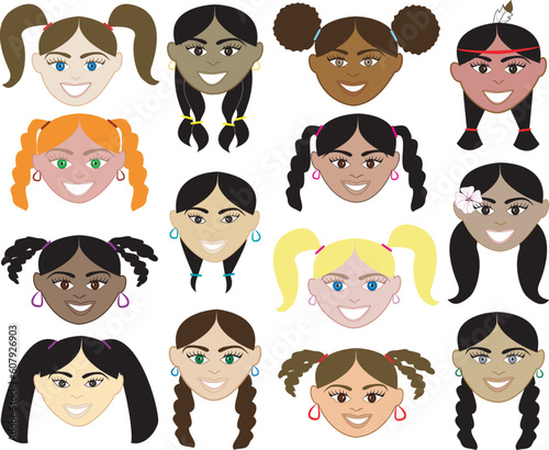 14 Girls Faces 2. Also with colorful background or plain and with men, women, children and boys.