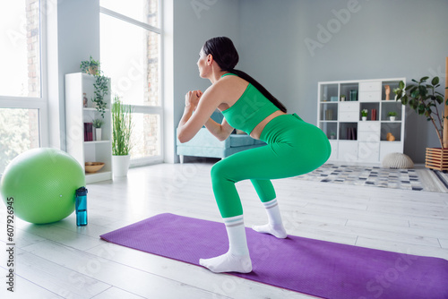 Full size profile photo of slender great shape girl squat fitness carpet morning activity flat inside