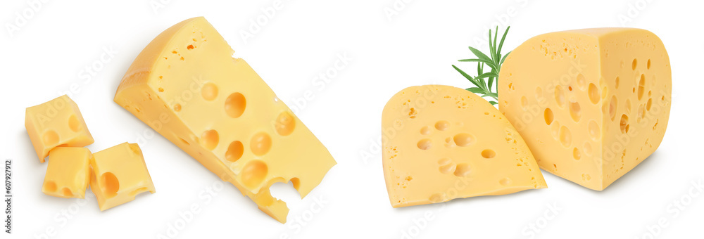 piece of cheese isolated on white background . Top view. Flat lay piece of cheese isolated on white background . Top view. Flat lay